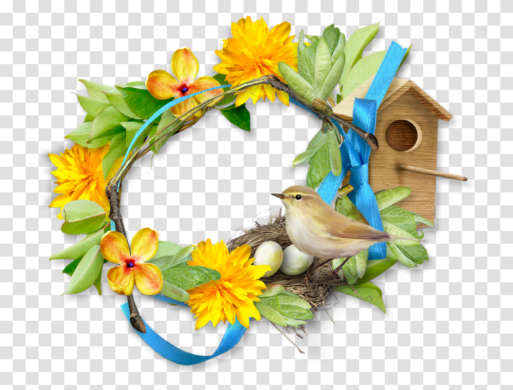 Cadre Printemps Pques Spring Frame Cluster Nightingale, Bird, Animal, Wreath, Flower Transparent Png