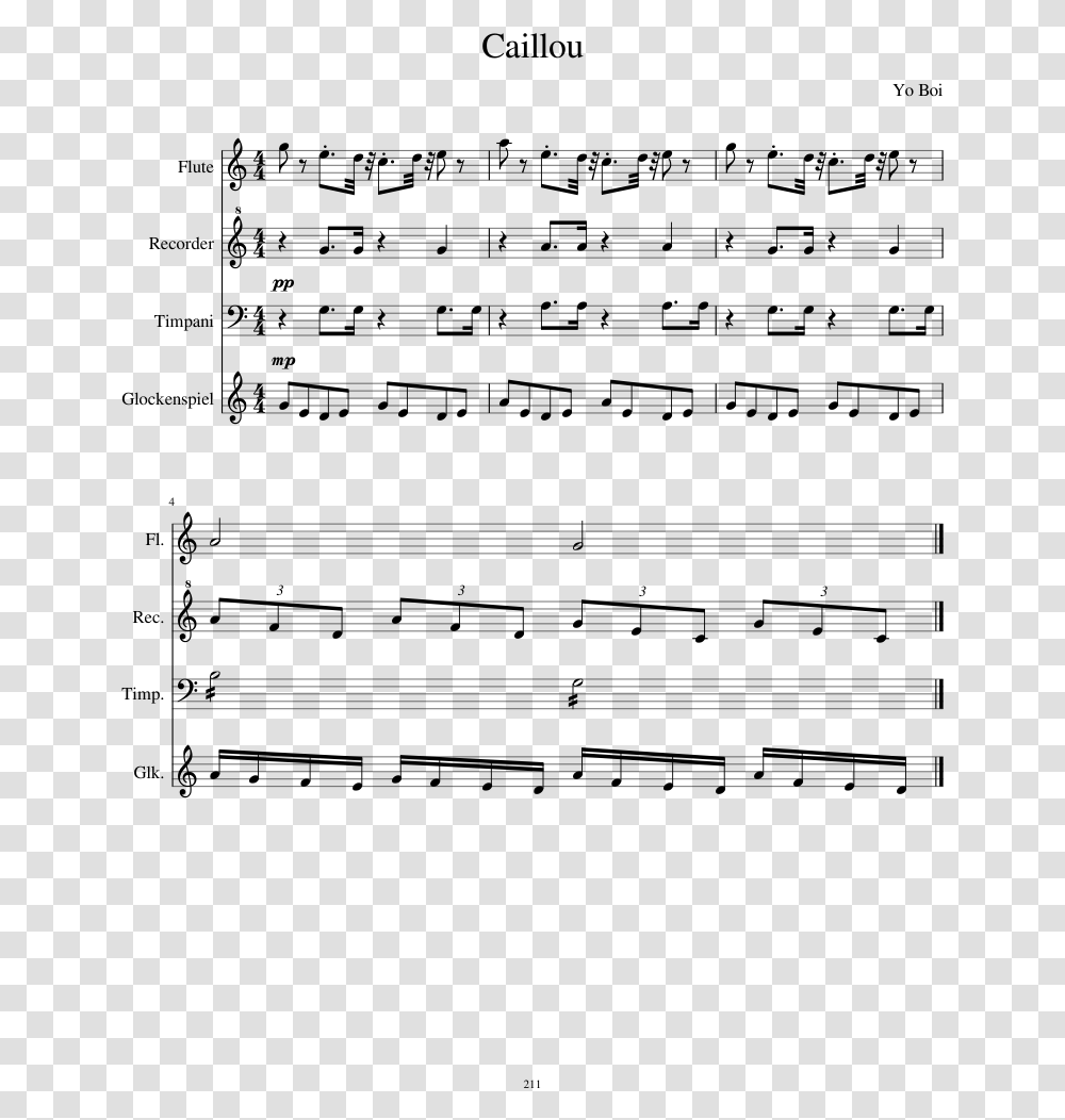 Caillou Sheet Music For Flute Recorder Timpani Percussion Caillou Theme Song Flute Sheet Music, Gray Transparent Png