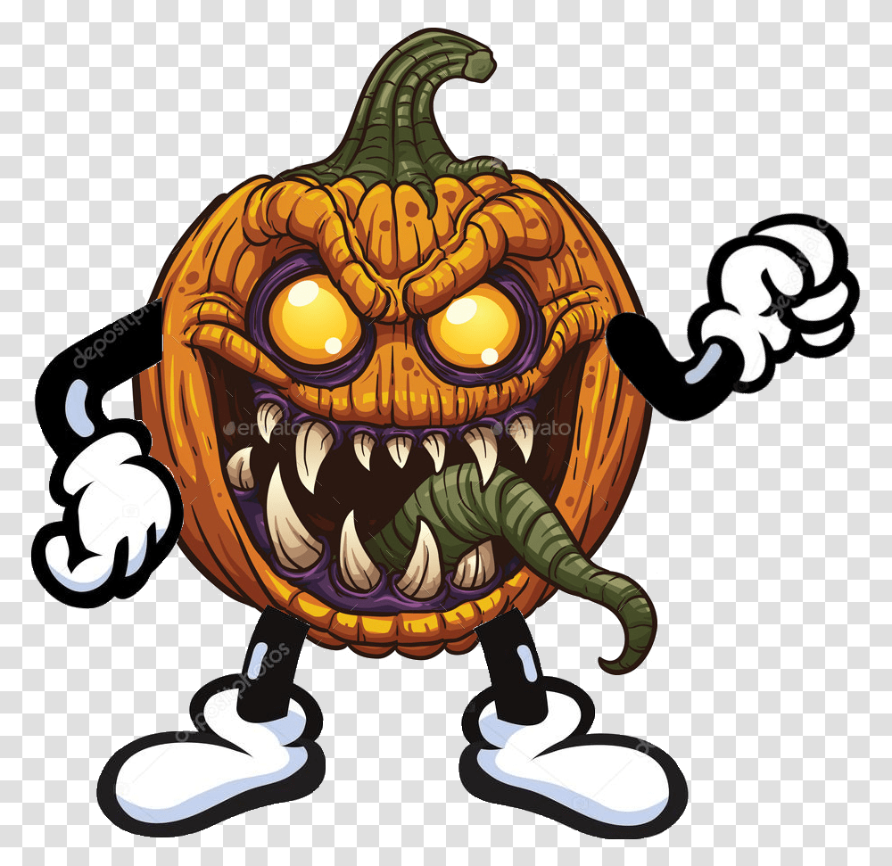 Calabaza Monster Halloween Cartoon Scary Pumpkin, Plant, Vegetable, Food Transparent Png