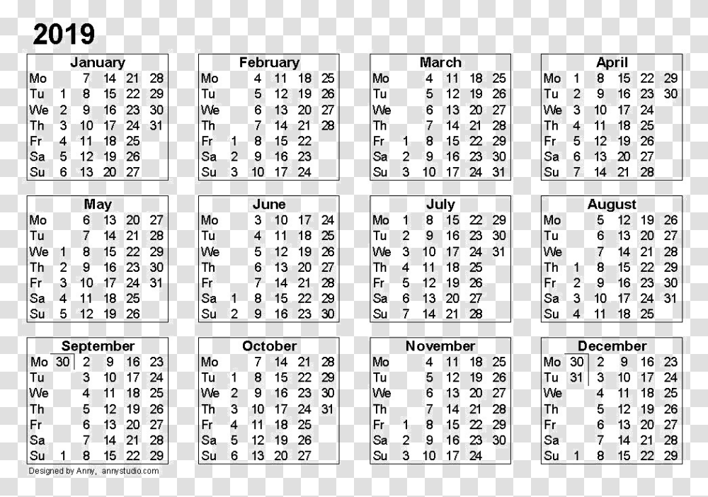 Calendar 2019 2019 Calendar Printable Template, Number, Word Transparent Png