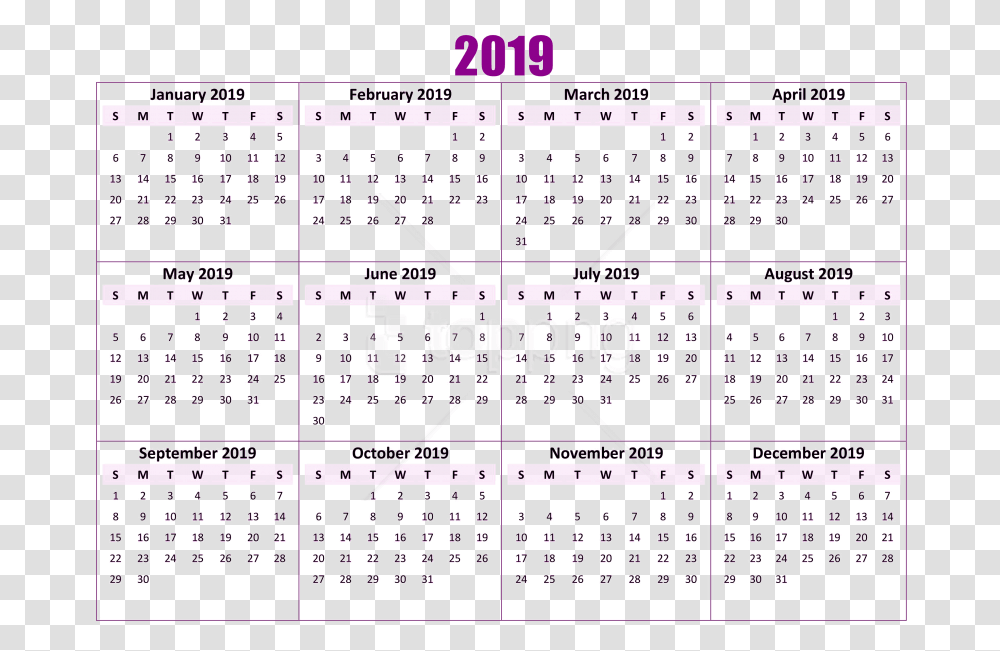 Calendar 2019 Year Calendar Free Printable, Menu Transparent Png