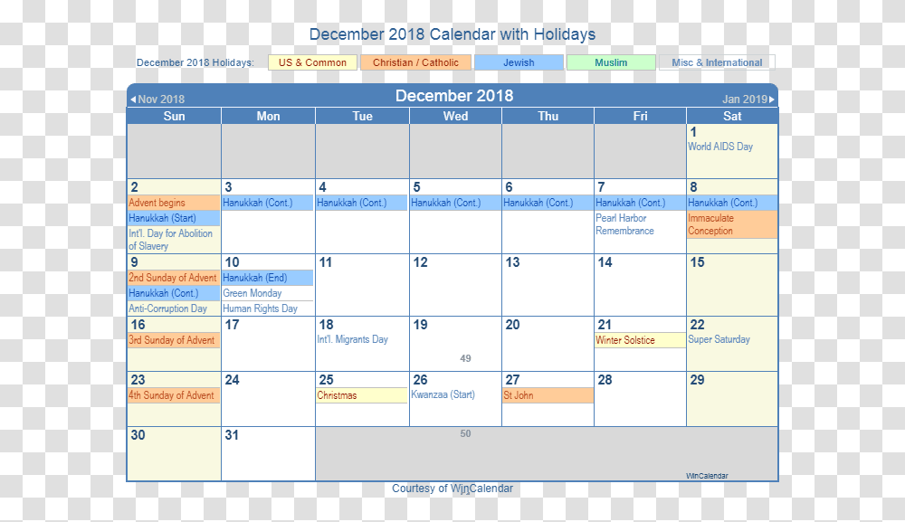Calendar For December 2018 Usa January 2020 Calendar With Holidays, Monitor, Screen, Electronics Transparent Png