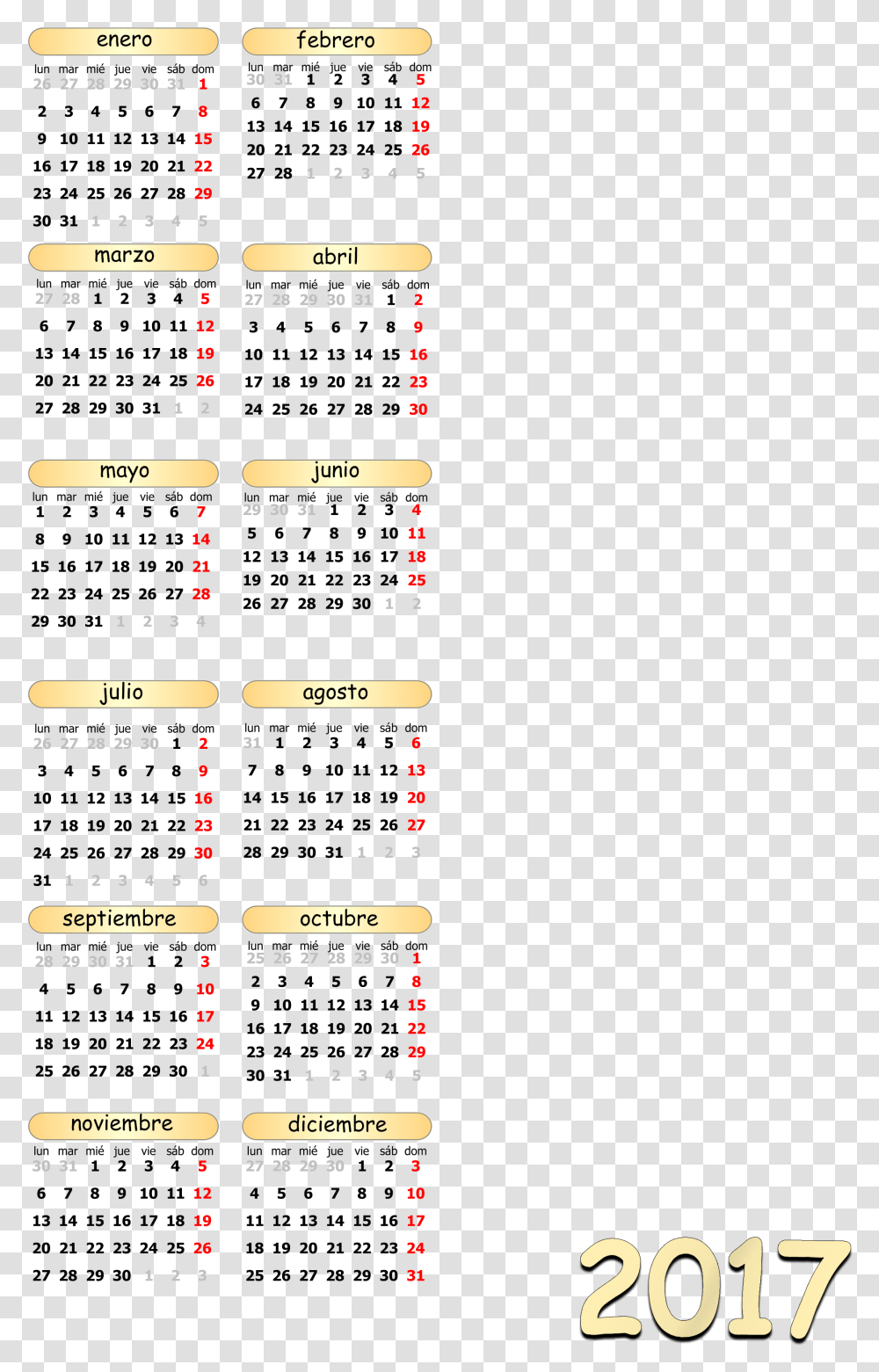 Calendarios 2017, Menu Transparent Png