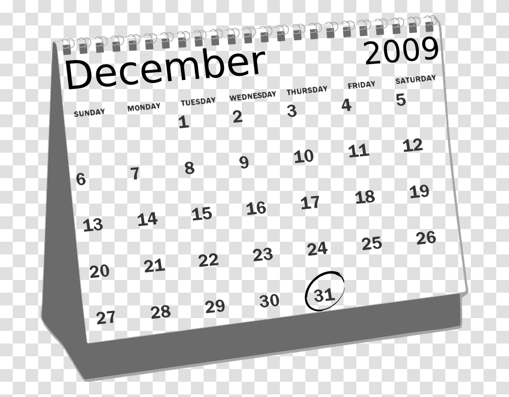 Calendars Dates 2009 Year December Months 31st Calendar Clipart Black And White, Menu, Screen, Electronics Transparent Png