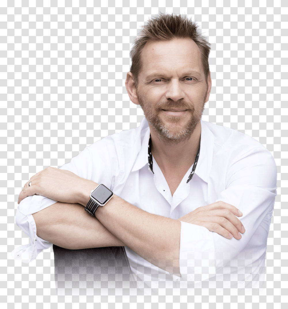 Calvin Arms On Knee No Background Fade Gentleman, Person, Shirt, Wristwatch Transparent Png
