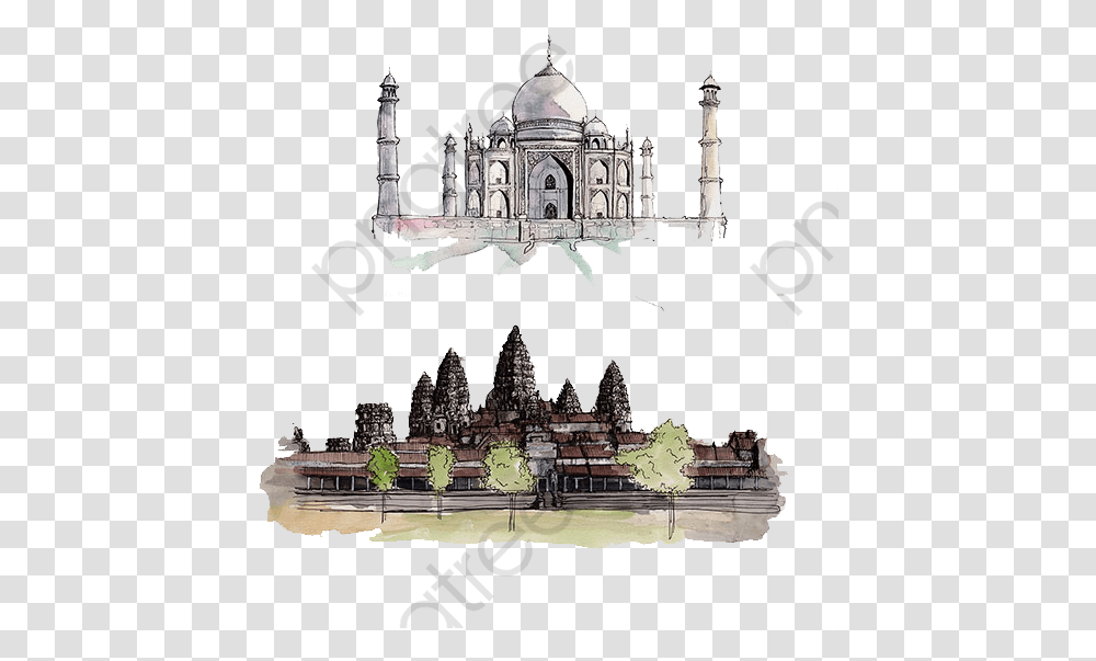 Cambodia Taj Mahal India Angkor Wat Watercolor, Architecture, Building, Dome, Cathedral Transparent Png