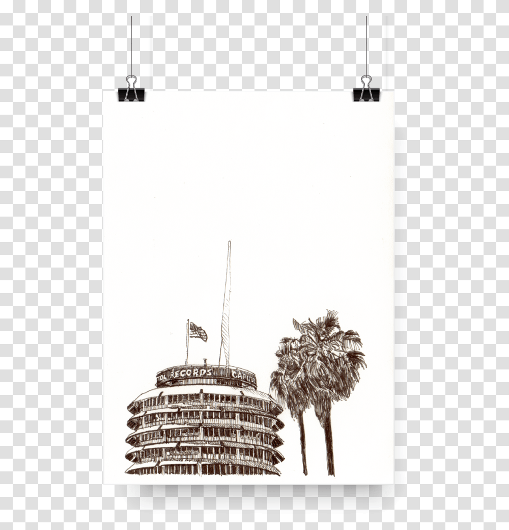 Capitol Records Building Hollywood Monochrome, Tower, Architecture, Tree, Plant Transparent Png