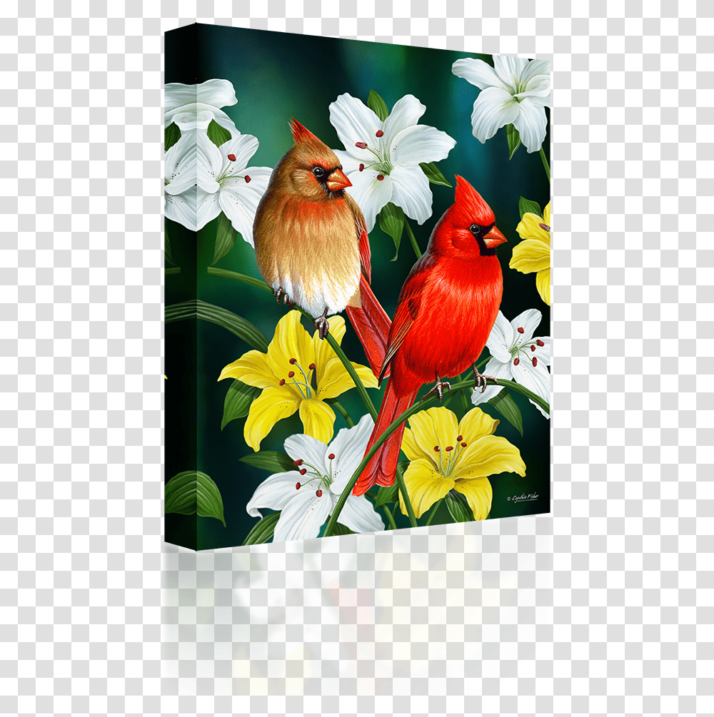 Cardinal Bird With Flowers Mini Garden Flag With Welcome Lilies, Animal, Plant, Blossom Transparent Png