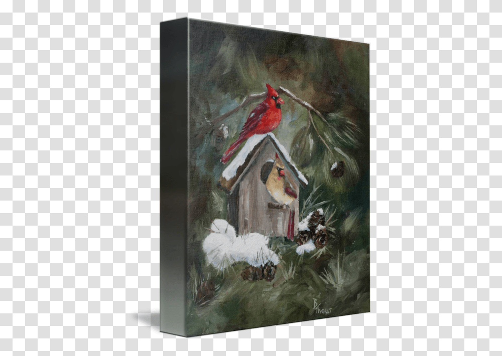 Cardinals On Snow Covered Birdhouse By Brenda Thour Christmas Card, Animal, Painting, Floral Design Transparent Png