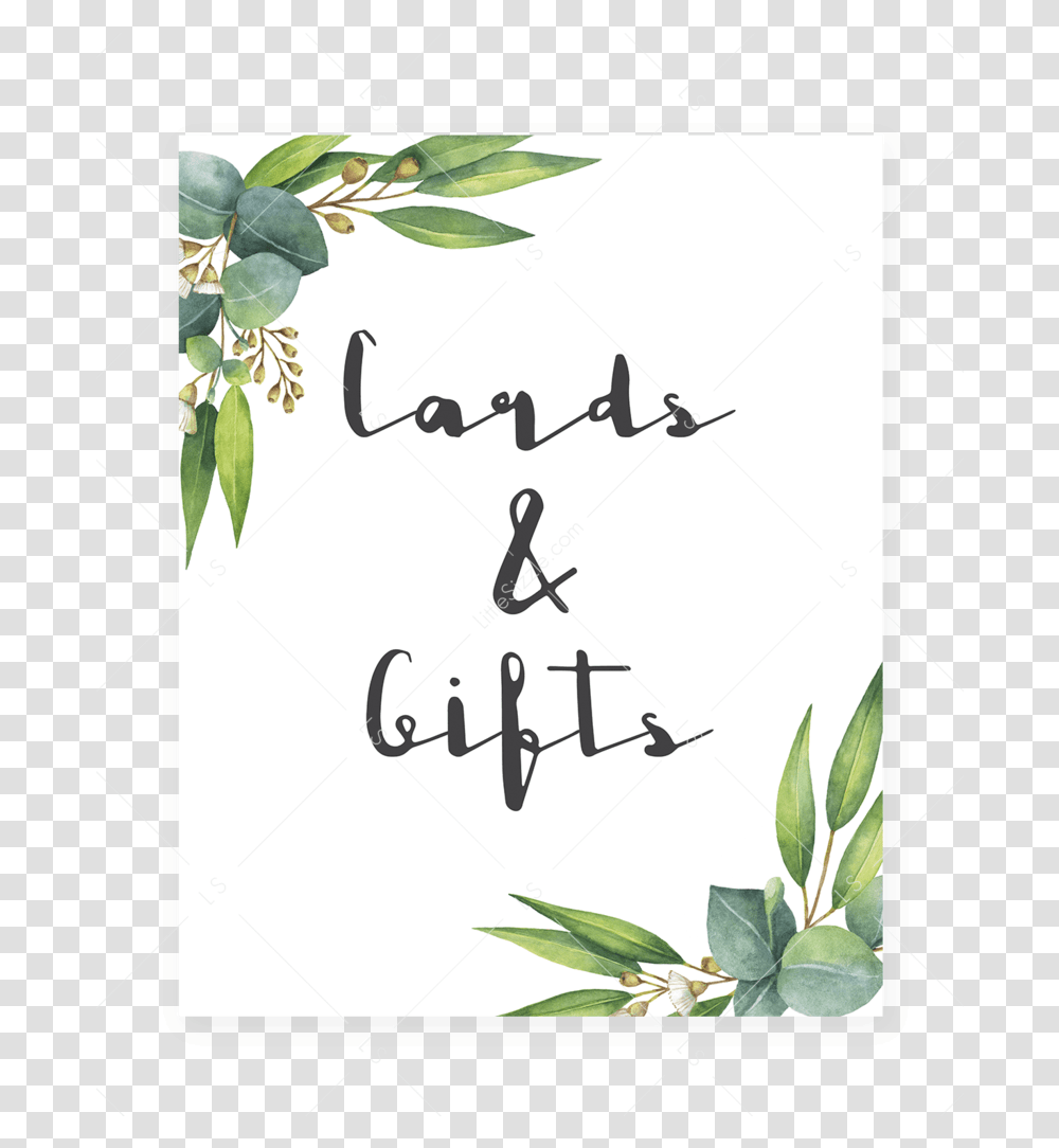 Cards And Gifts Sign Printable Watercolor Green Leaves Bridal Shower Printable Games, Text, Plant, Calligraphy, Handwriting Transparent Png