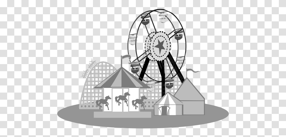 Carnival Scene Vector Illustration Amusement Park Clipart Black And White, Clock Tower, Architecture, Building, Crowd Transparent Png