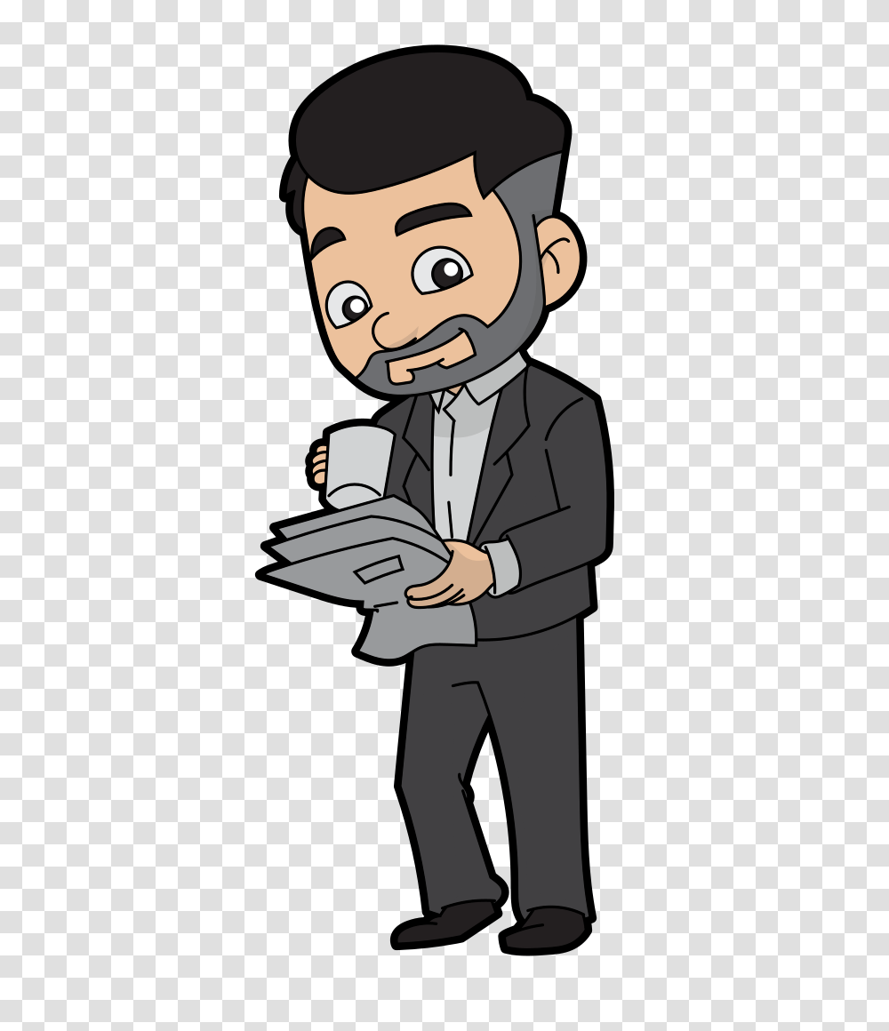 Cartoon Businessman Drinking Coffee, Reading, Person, Human Transparent Png