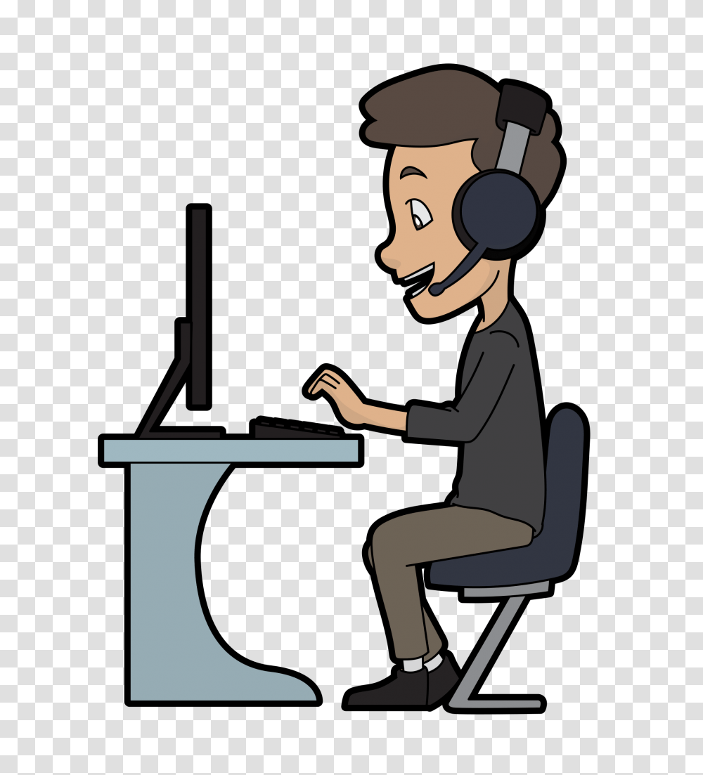 Cartoon Call Centre Guy Using A Computer, Person, Sitting, Audience, Crowd Transparent Png