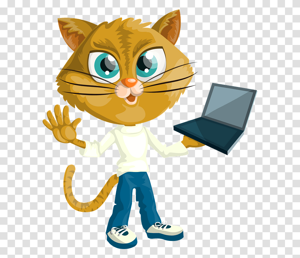 Cartoon Cat With Laptop Clipart Free Download Animals Holding Laptop, Toy, Person, Human, Shoe Transparent Png