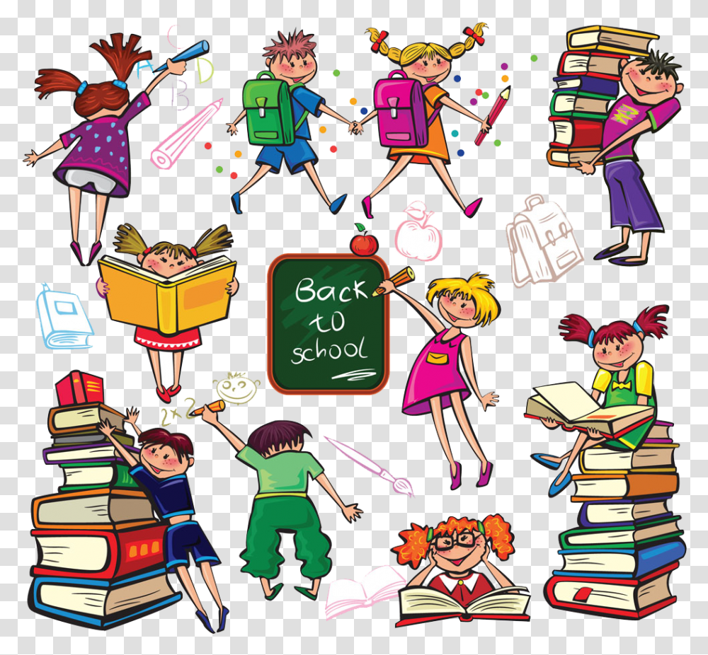 Cartoon Children Transprent Related To School Life, Person, Book, People, Crowd Transparent Png