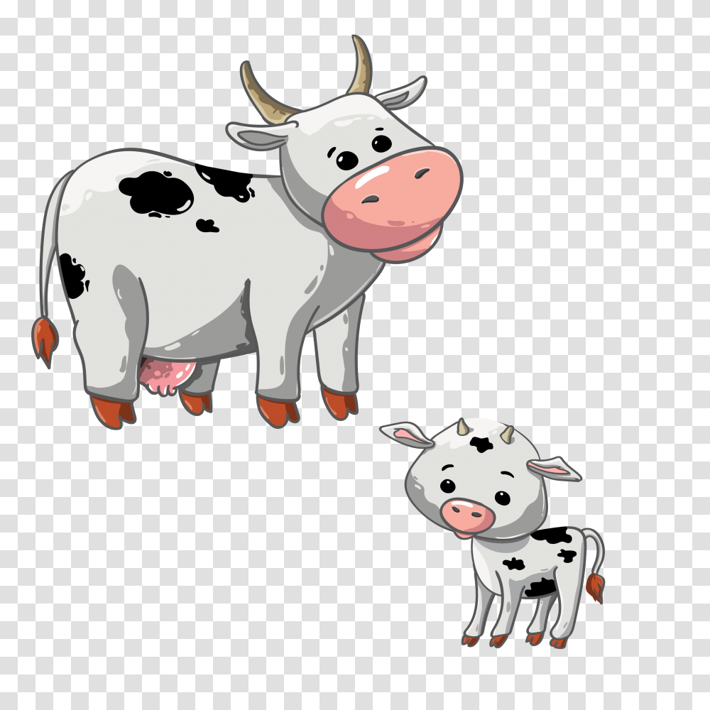 Cartoon Cow And Calf Free Vectors For Download, Mammal, Animal, Cattle, Pig Transparent Png