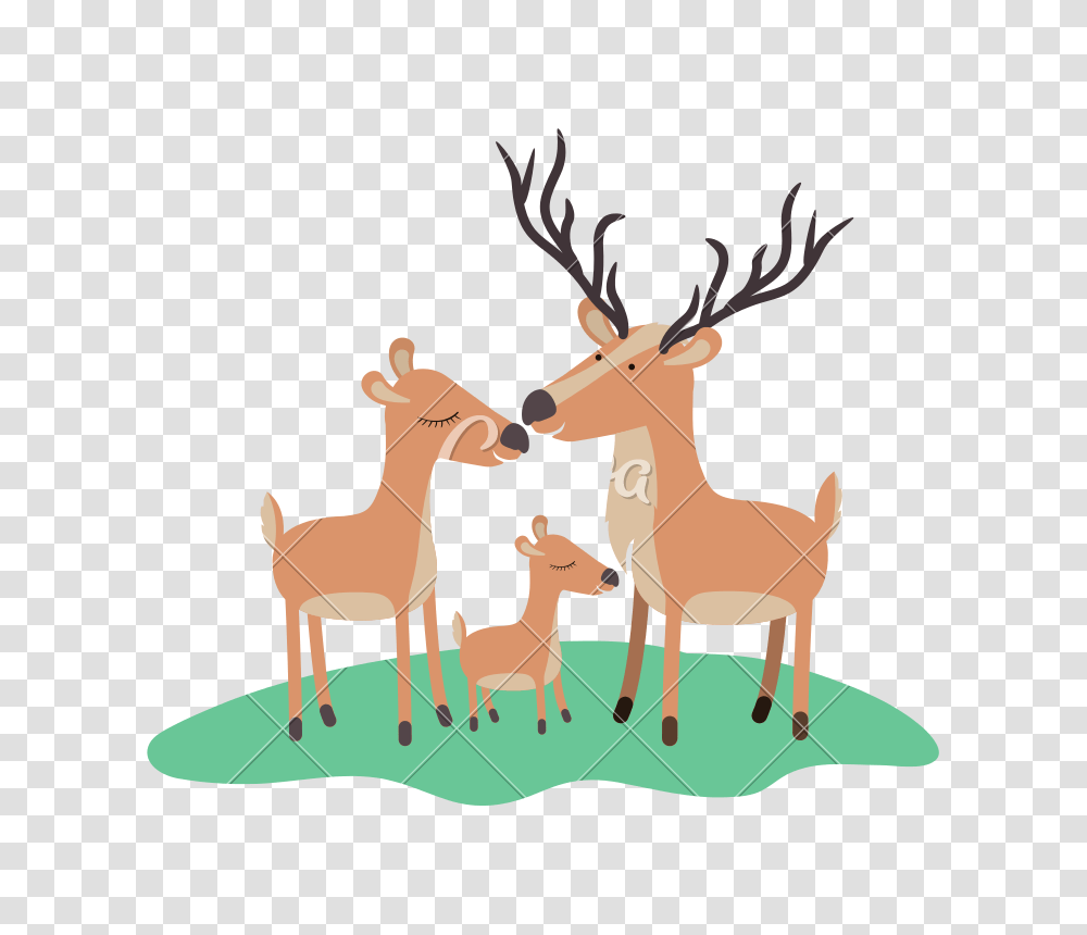 Cartoon Deer Couple And Calf Over Grass In Colorful Silhouette, Elk, Wildlife, Mammal, Animal Transparent Png