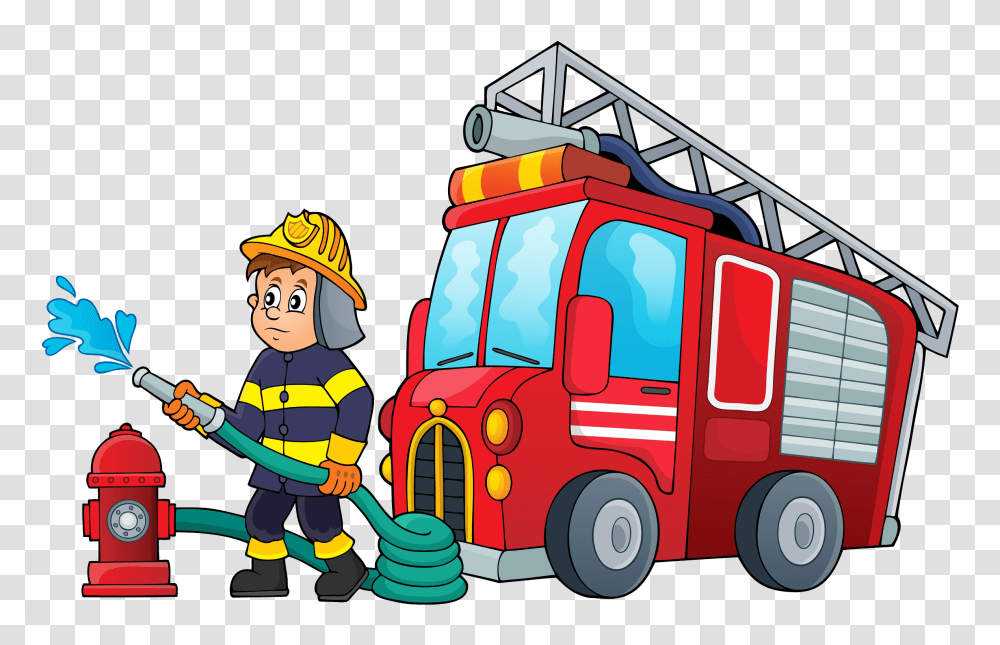 Cartoon Firefighter Pictures Cartoon Fire Truck And Fire Brigade Clipart, Vehicle, Transportation, Person, Human Transparent Png