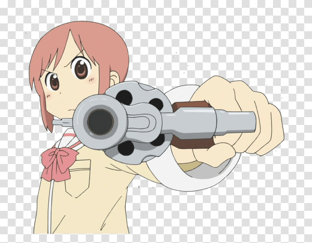 Cartoon Gun Nichijou Anime Girl With Anime Girl With Gun Meme, Face, Photography, Weapon, Portrait Transparent Png