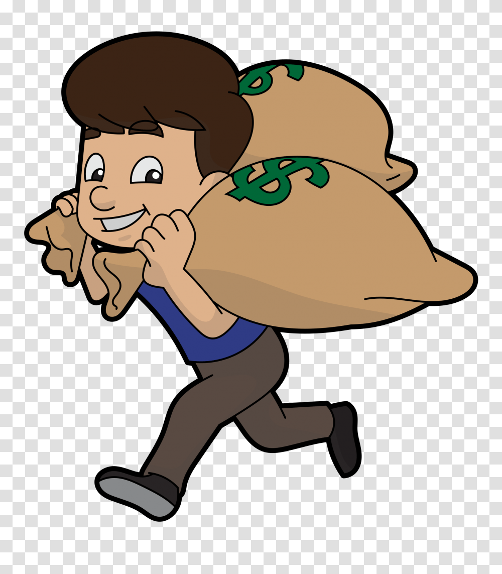 Cartoon Guy Runs Away With Bags Of Money, Outdoors, Person, Nature, Animal Transparent Png