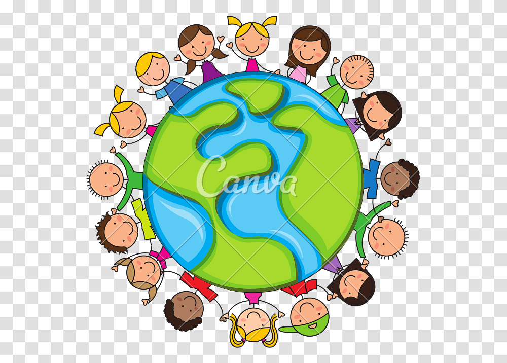 Cartoon Kids Icon World Surrounded By People, Astronomy, Outer Space, Universe, Clock Tower Transparent Png