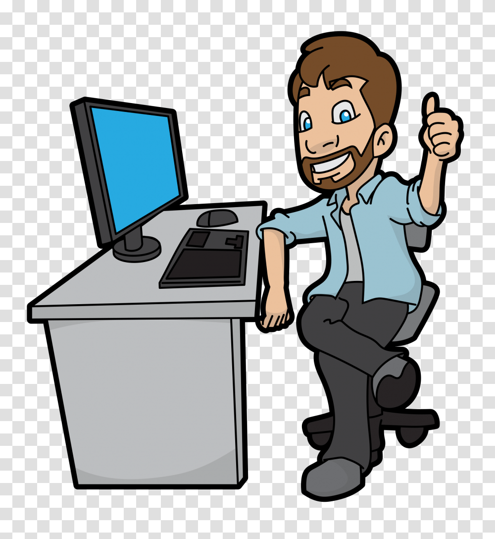 Cartoon Man Approving His New Computer, Person, Electronics, Video Gaming, Furniture Transparent Png