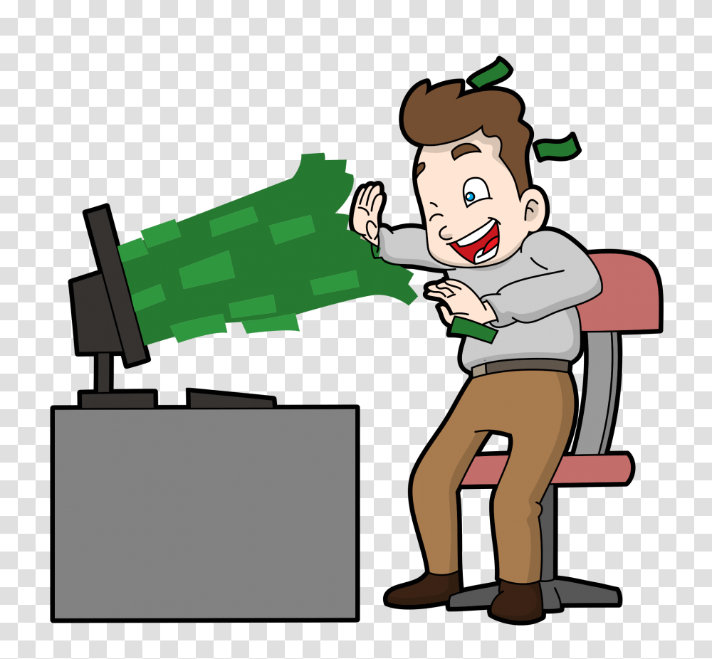 Cartoon Man Getting A Rush Of Cash Online, Person, Outdoors, Face Transparent Png