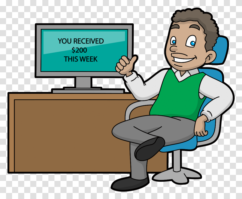 Cartoon Man Money Earning, Sitting, Person, Female, Monitor Transparent Png