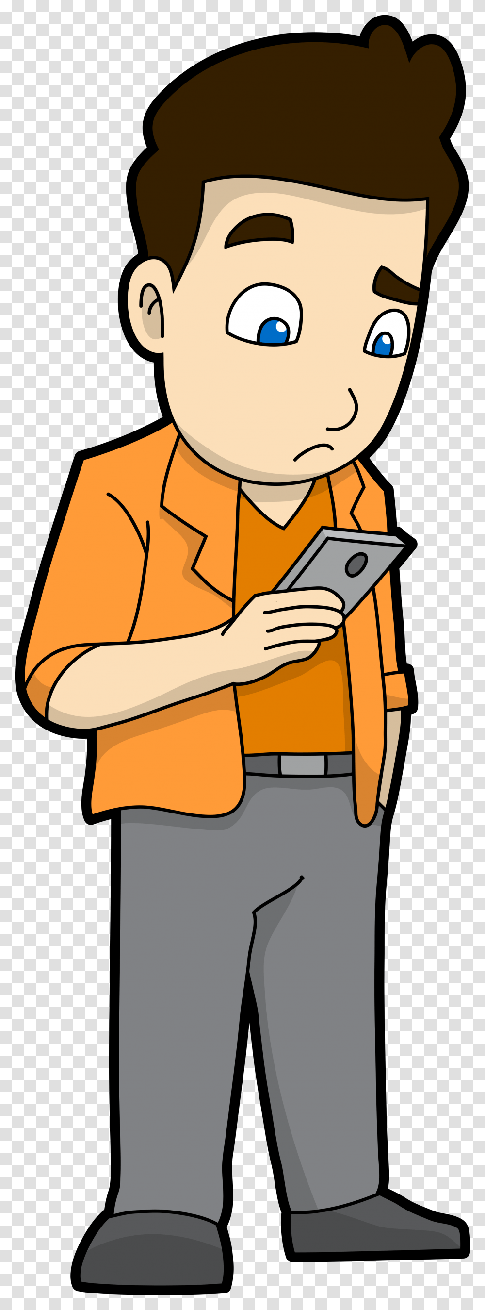 Cartoon Man Reading A Sad Message On His Phone Man Using Phone Cartoon, Person, Electronics, Computer Transparent Png