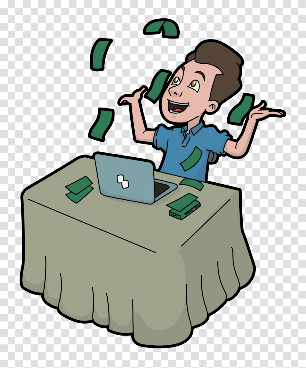 Cartoon Man Rejoicing With The Money Coming From The Computer, Person, Human, Electronics, Hand Transparent Png