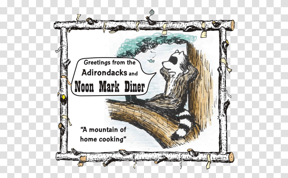 Cartoon Of Raccoon Lounging In Crook Of Tree With Caption Noonmark Diner, Outdoors, Nature, Bird Transparent Png