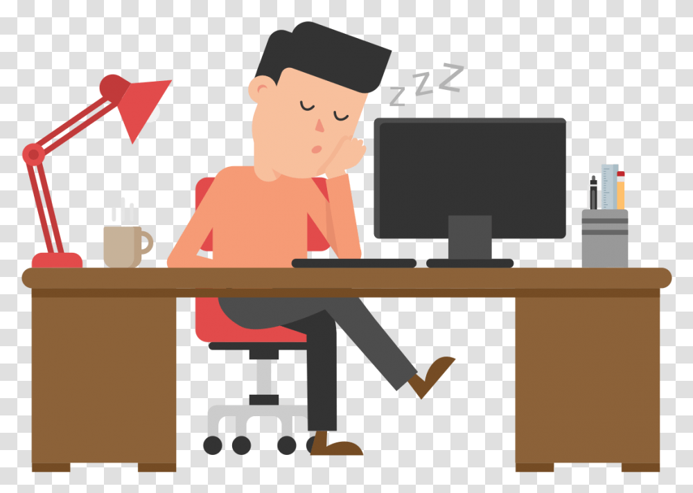 Cartoon Picture Of Man Sleeping At Desk Cartoon Free Man With Computer Gif, Person, Human, Furniture, Table Transparent Png