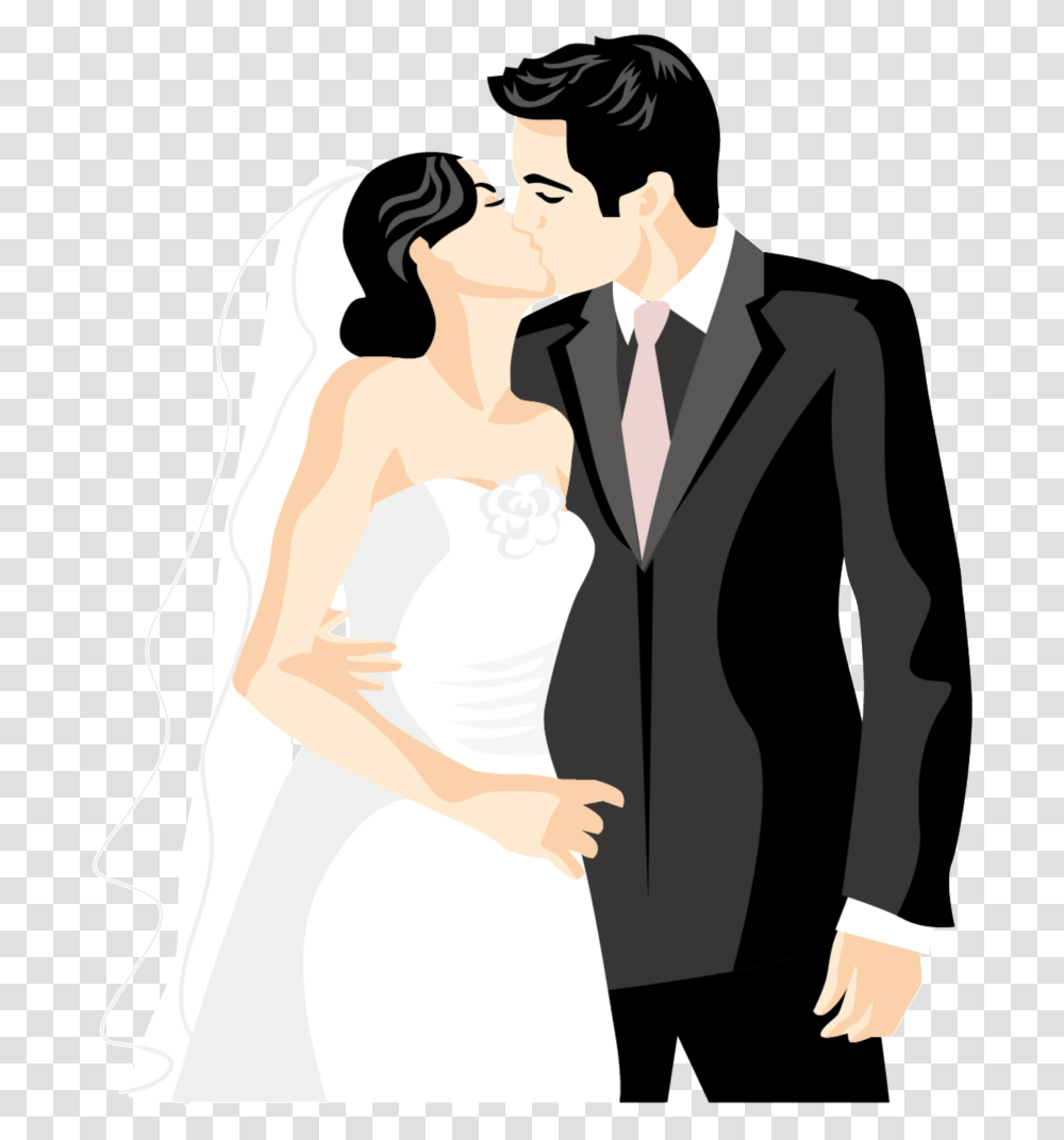 Cartoon Silhouette Hand Drawn Wedding Free Picture Wedding Couple Kissing Clipart, Person, Fashion, Gown Transparent Png