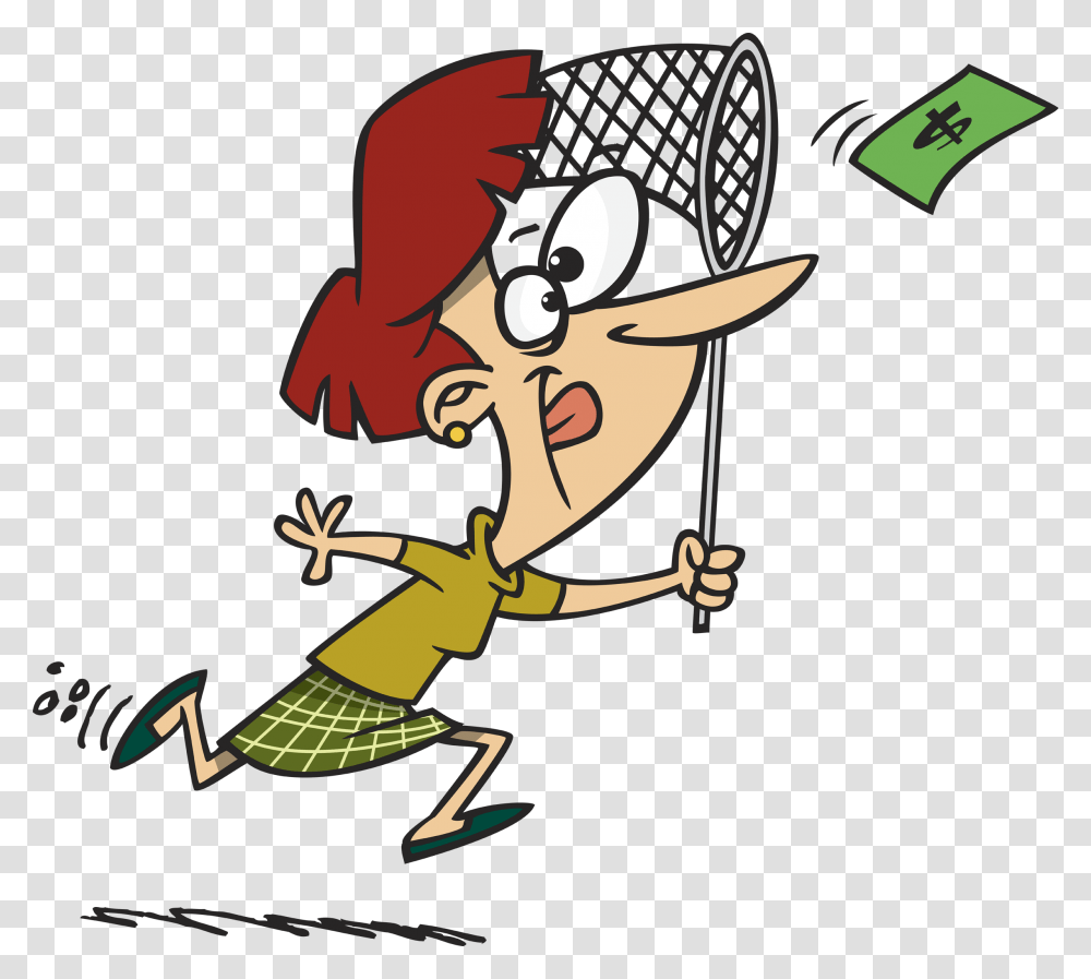 Cartoon Woman Chasing Money With A Butterfly Net Clipart, Elf, Sport, Label, Badminton Transparent Png