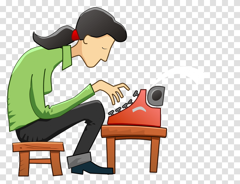 Cartoon Woman Using Typewriter Tim, Furniture, Kneeling, Chair, Sitting Transparent Png