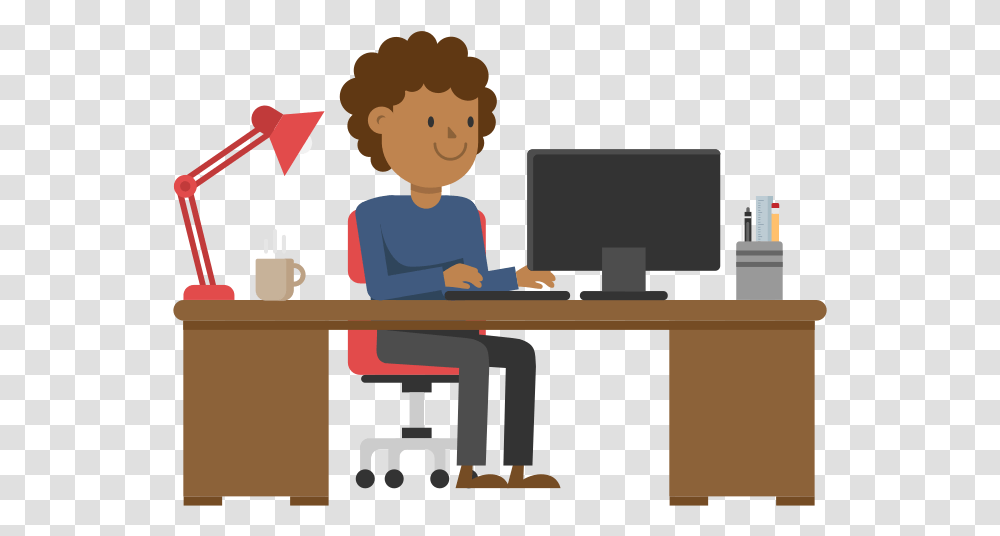 Cartoon Working At Desk, Furniture, Table, Computer, Electronics Transparent Png