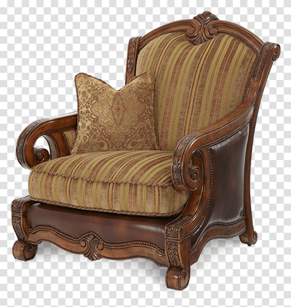 Carved Frame Brown Leather Gold Stripe Patterned Fabric Club Chair, Furniture, Armchair Transparent Png