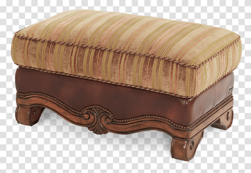 Carved Wood Frame Brown Leather Gold Stripe Patterned Ottoman, Furniture, Table, Cushion Transparent Png