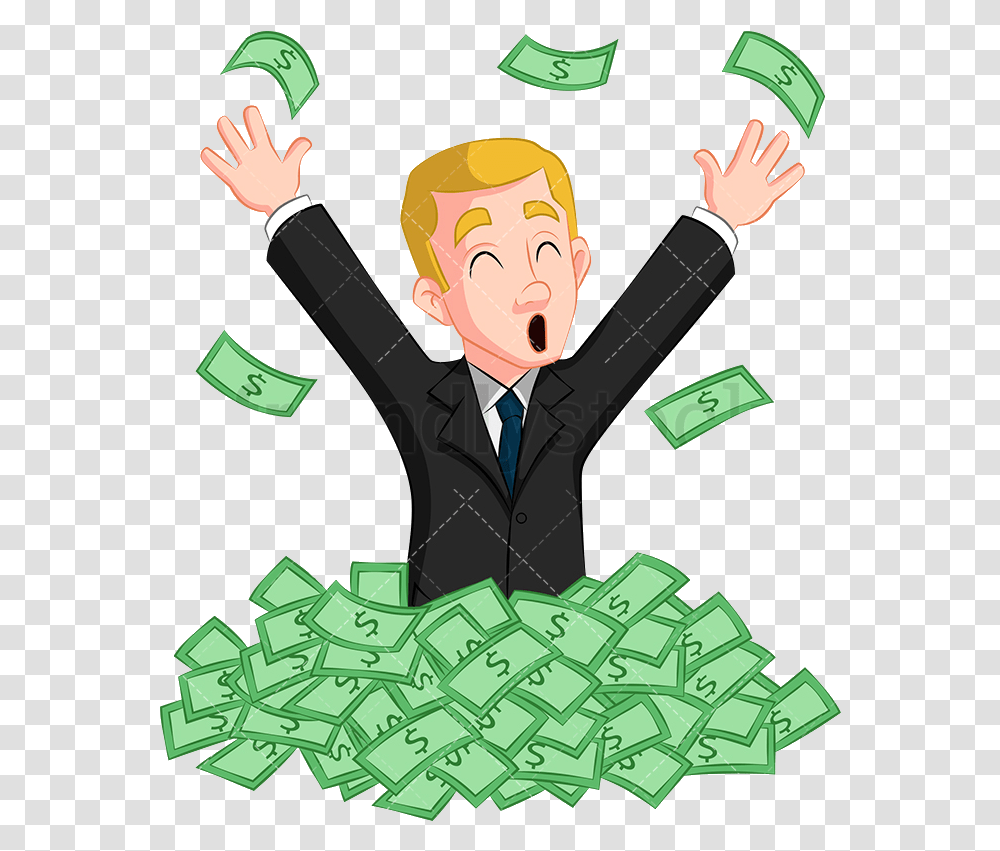 Cash A Victorious Businessman Standing In Mountain Pile Of Cash Cartoon, Performer, Person, Human, Magician Transparent Png
