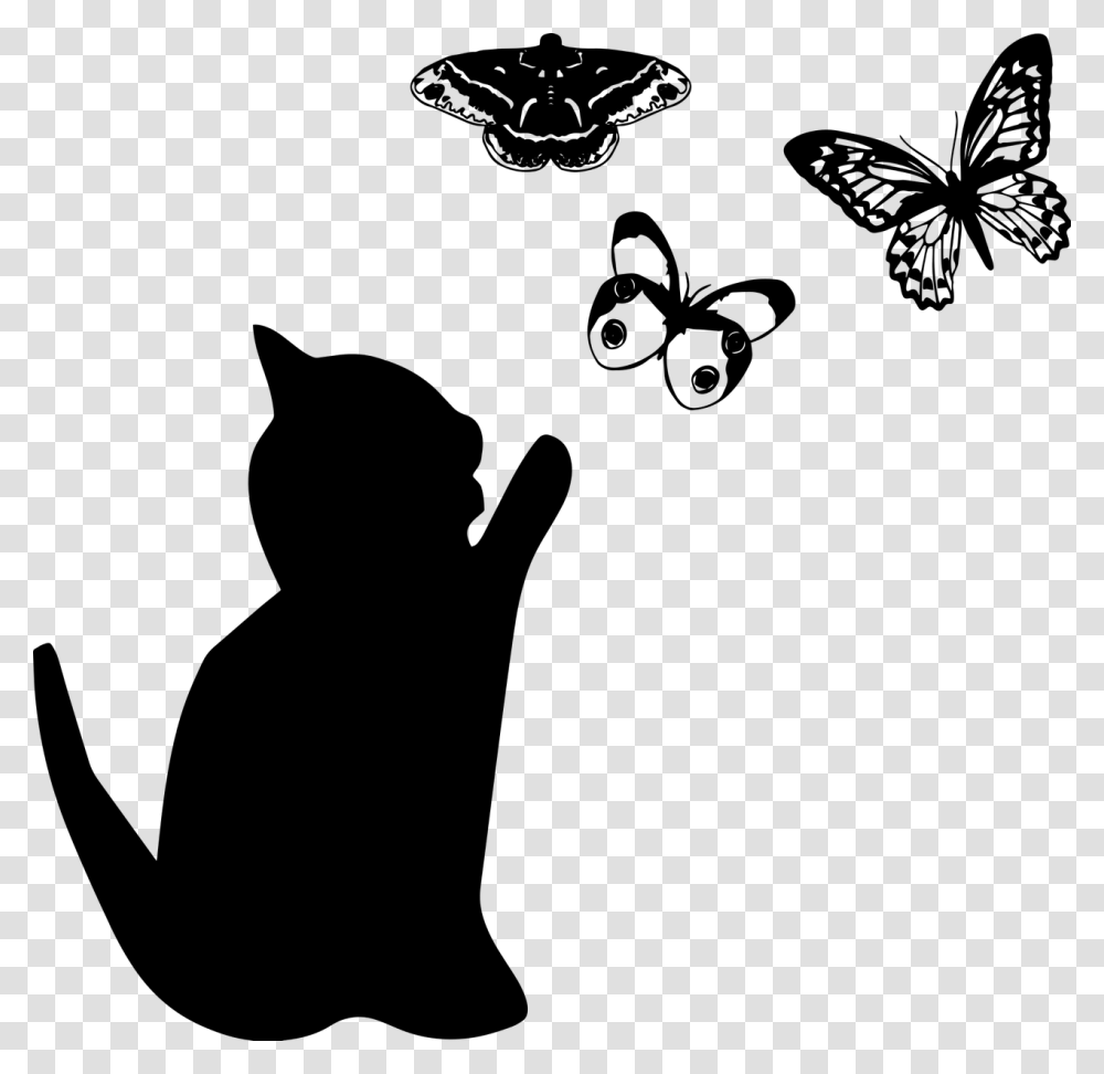 Cat And Butterflies Cat Silhouette Cats Silhouette Playing, Gray, World Of Warcraft, Halo Transparent Png