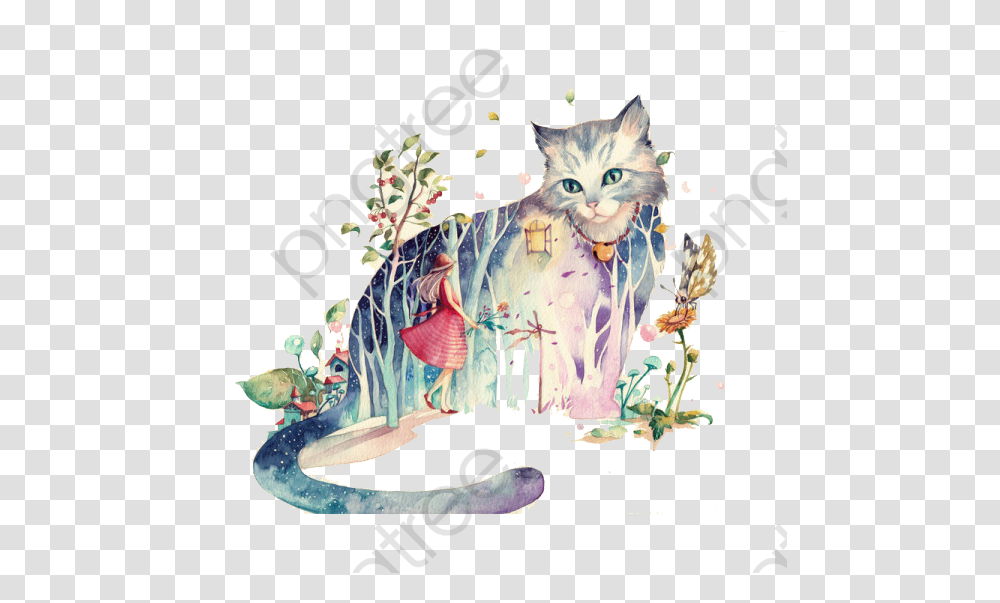 Cat Clipart Tree Cat Watercolor Draw, Floral Design, Pattern, Pet Transparent Png
