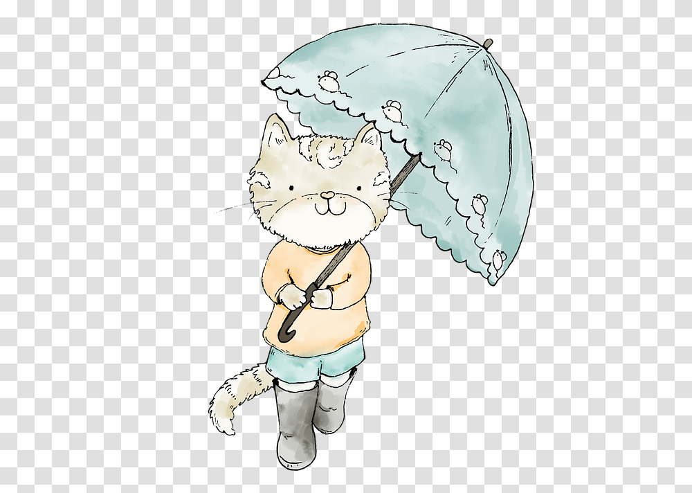 Cat Cute Cat Umbrella Cartoon Cat Character Rain Cute Good Morning Rainy, Person, Human, Outdoors, Drawing Transparent Png
