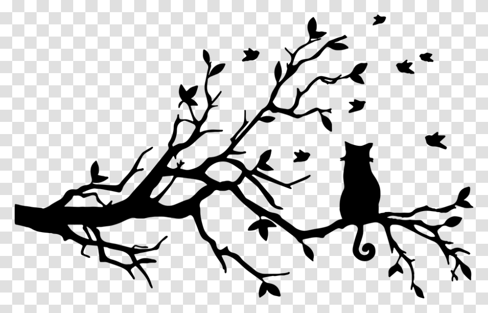 Cat Feline Animal Pet Birds Tree Branch Cat In Tree Silhouette, Gray Transparent Png
