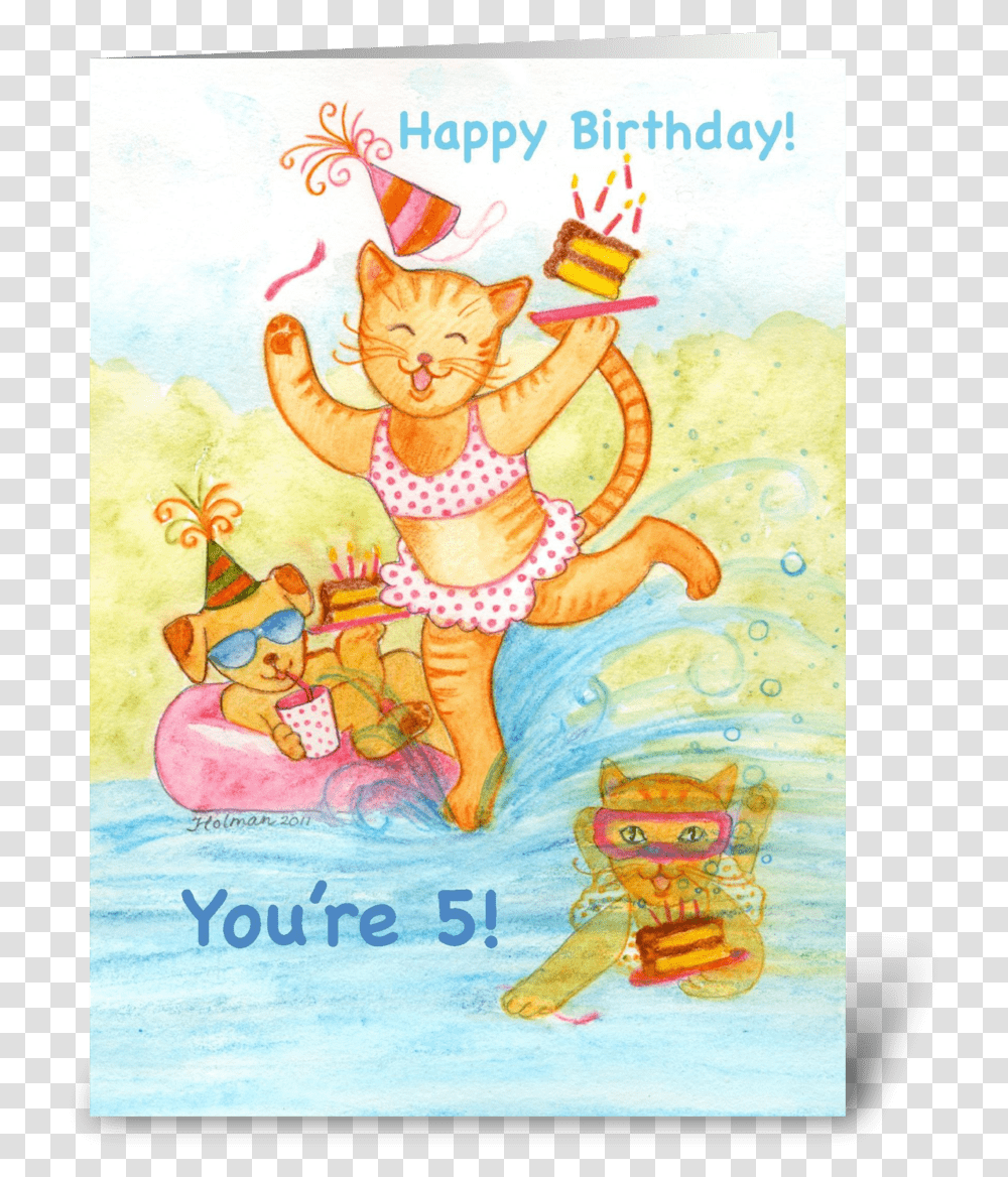 Cat In Pool Five Year Old Birthday Greeting Card Cartoon, Envelope, Mail, Leisure Activities, Outdoors Transparent Png