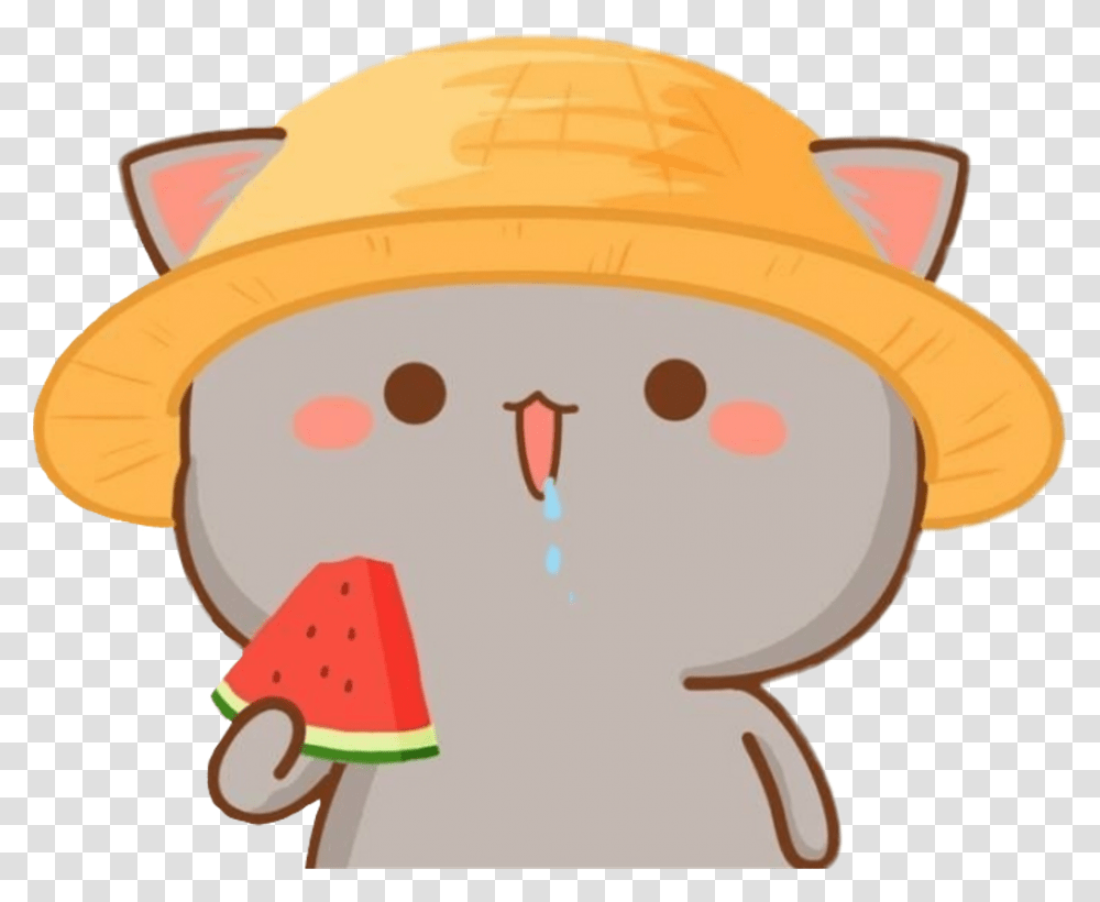 Cat Kawaii Cute Eat Watermelon Sanda Gato Cat With Watermelon Kawaii, Apparel, Sun Hat, Outdoors Transparent Png