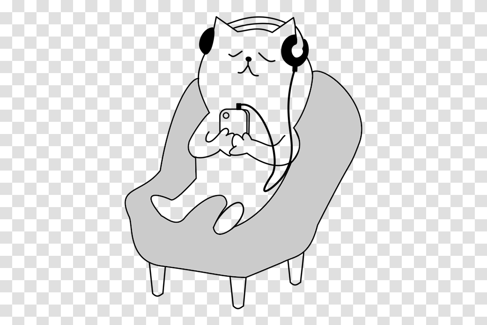 Cat Listens To Music Cat Relaxing Clip Art, Silhouette, Person, Human, Kneeling Transparent Png