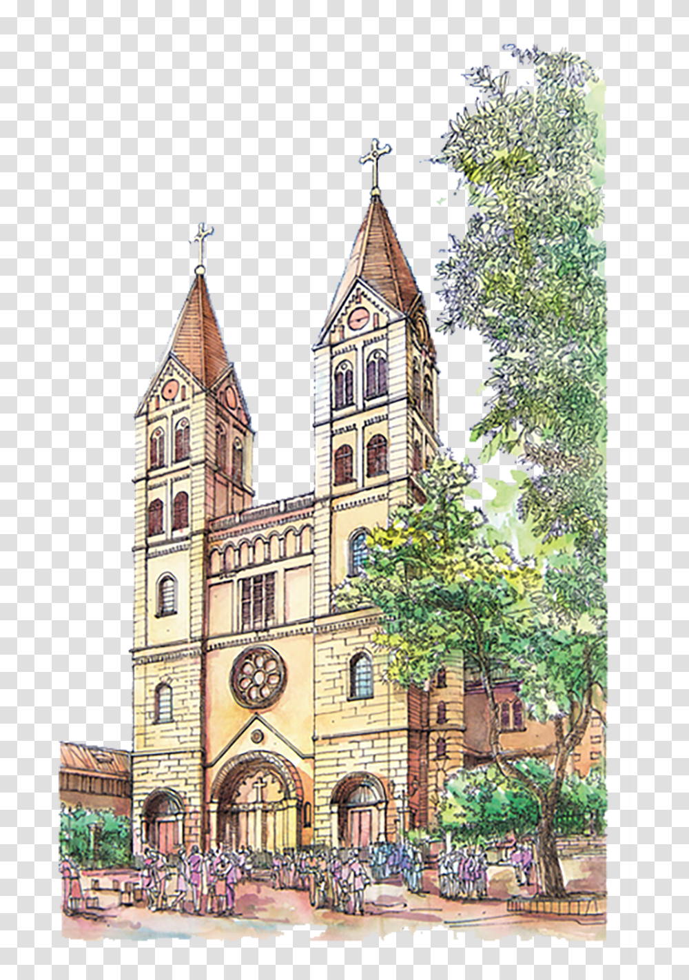 Catholic Drawing Parish Church Church Watercolor, Architecture, Building, Cathedral, Spire Transparent Png