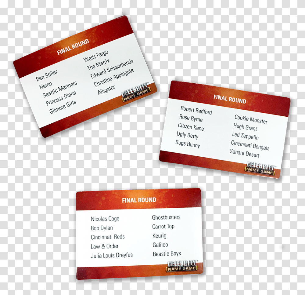 Celebrity Name Game Cards, Paper, Ticket, Business Card Transparent Png