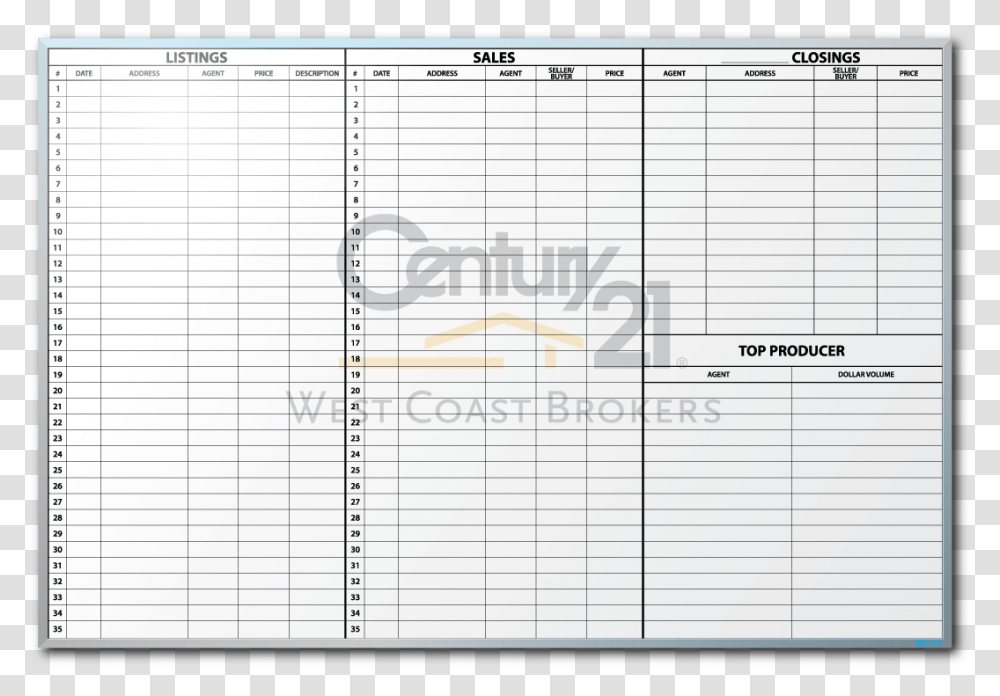 Century 21 West Coast Brokers Listing Amp Sales Tracker Real Estate Lead Board, Page, Number Transparent Png