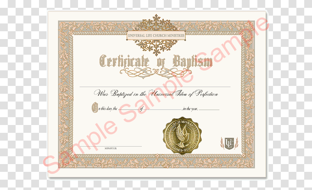 Certificate Of Baptism Universal Life Church Marriage Certificate, Diploma, Document, Label Transparent Png